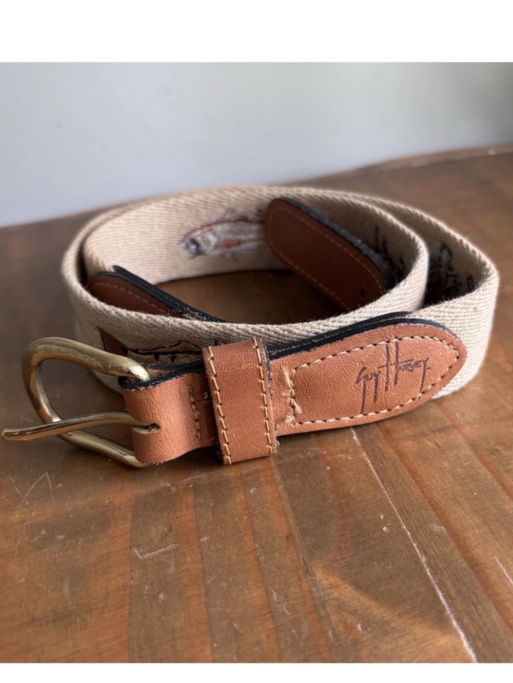 VTG Guy Harvey Embroidered Canvas/Leather Fish Belt-Men's Size 32-Fishing